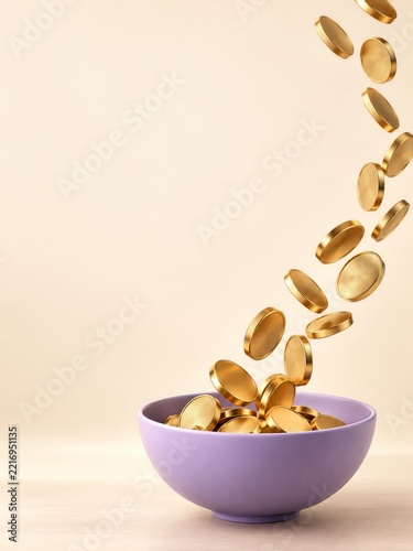 Gold Coins Falling in a Curving Stream into a Lavender Bowl on Cream