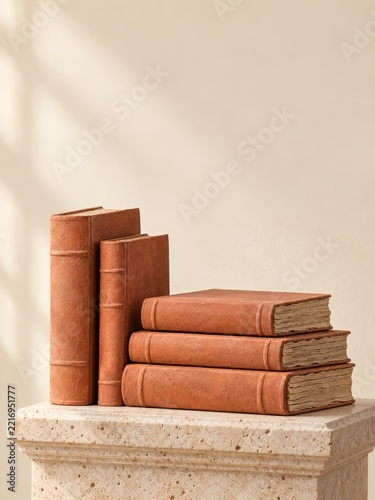Terracotta Books with Sculpted Pages on a Cream Stone Pedestal Against Ivory