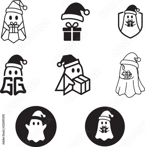 Cute Santa Ghost with Gift Christmas Icon Set