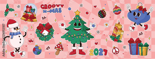 Groovy retro Christmas character set with mid century modern stickers. Cute holiday clipart with snowman, xmas tree and ornament in 70s style