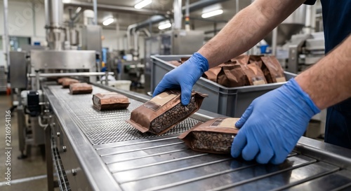 Worker in blue gloves packing coffee bags on a conveyor belt in a