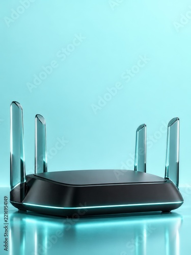 Black Network Router with Clear Antennas on Turquoise Copy Space