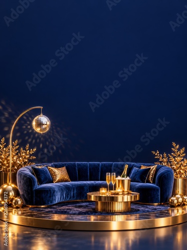 Navy velvet sofa with champagne and golden party decor on a round platform