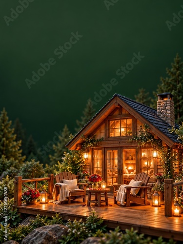 Wooden Cottage with Empty Chairs Roses and Warm Glowing Windows
