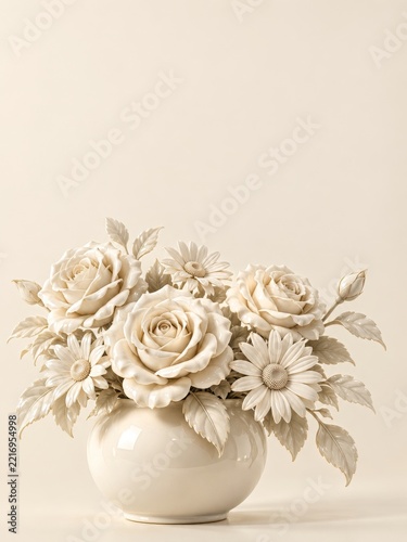 Ivory porcelain roses and daisies in a rounded cream vase with copy space