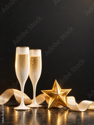 Ivory champagne flutes with a golden star and satin ribbon on charcoal