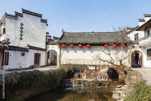 Traditional Huizhou Houses and Stone Bridge in Tangmo Ancient Village, Huangshan, Anhui