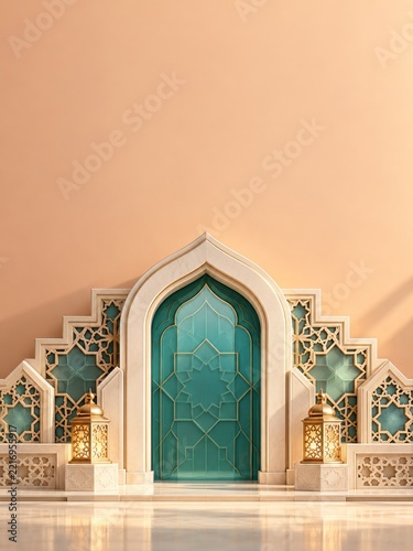 Ivory sculptural arch with teal geometric panels on an apricot wall