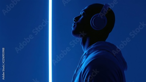 Side profile of a person wearing headphones and hooded sweatshirt illuminated by blue light beside a vertical glowing strip, studio portrait