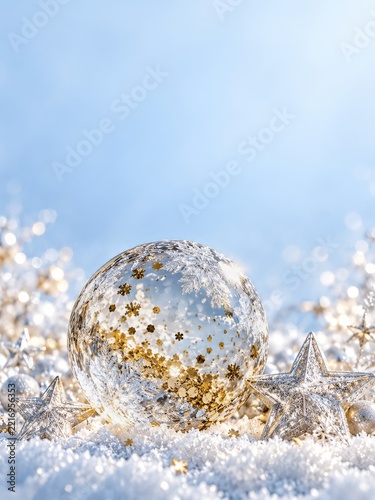 Crystal snowflake sphere with golden confetti and silver stars in snow