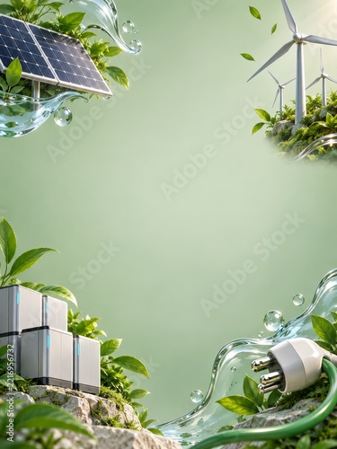 Solar Panels Turbines Batteries and a White Plug framed by Leaves and Water