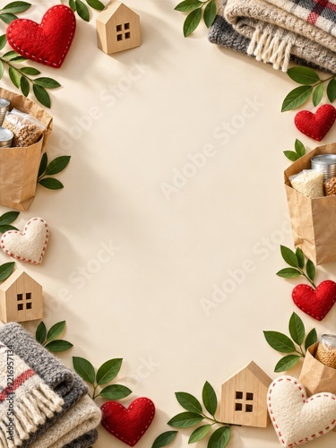 Charity Border with Felt Hearts Wooden Houses Food Bags and Warm Blankets