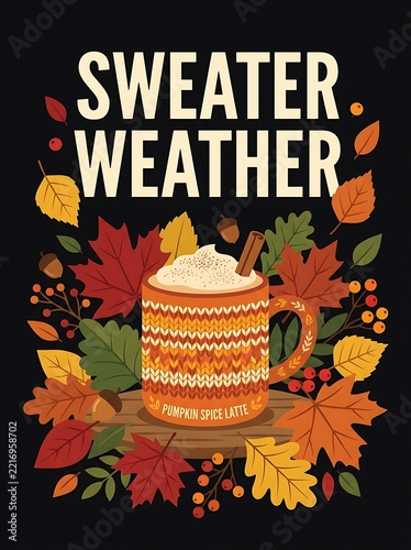 Autumn spiced latte in knitted mug surrounded by fall leaves during cozy season