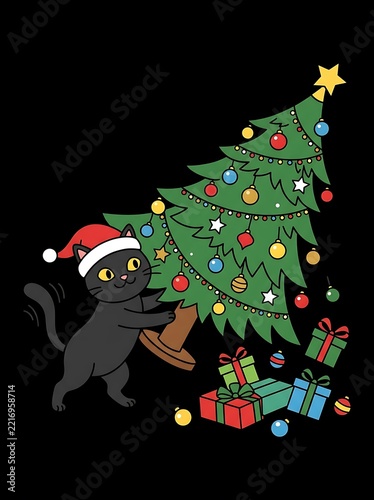 Black cat in Santa hat decorating Christmas tree with gifts below during festive season