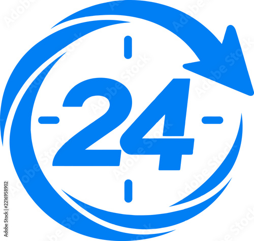 Blue twenty four seven clock icon, round service arrow graphic, continuous open time symbol, business support vector illustration.   