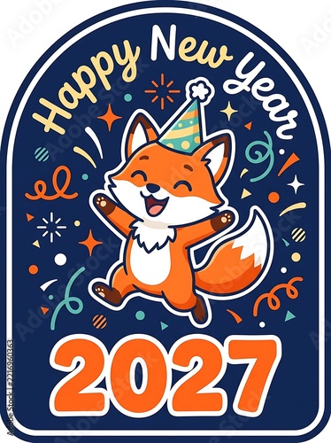 Cute fox celebrating New Year's Eve with confetti and party hat during night