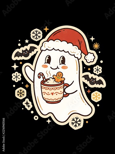 Cute ghost in Santa hat holding hot chocolate with gingerbread during winter holidays