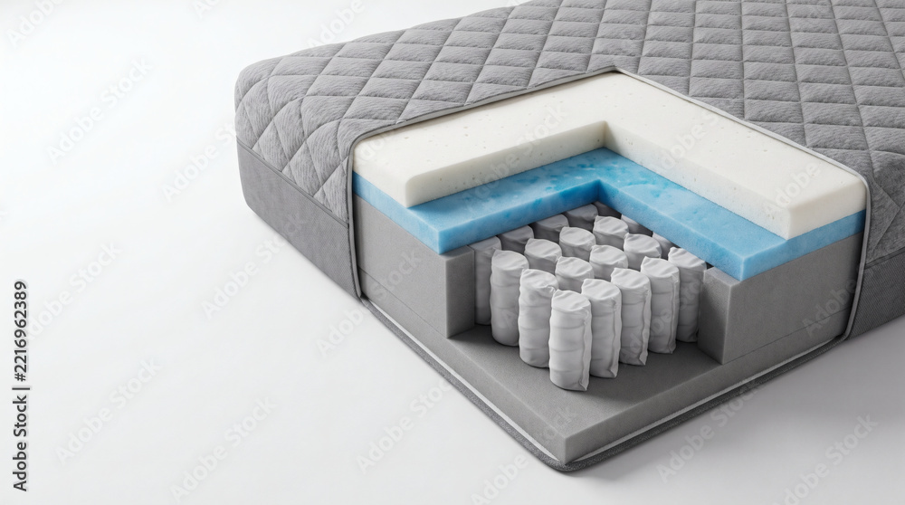Fototapeta premium Orthopedic pocket spring hybrid mattress cross section cutaway showing memory foam layers cooling gel and quilted fabric cover on white background