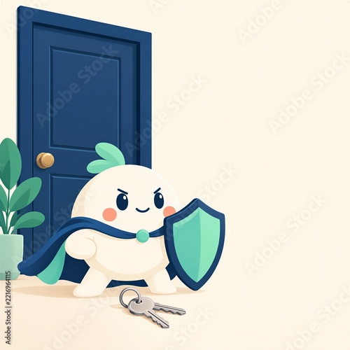 Cute Security Guard Character with Shield, Door and Keys, Home Protection and Access Control Concept