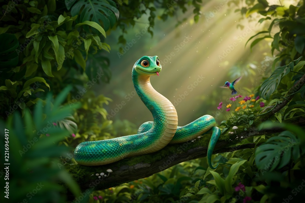 Fototapeta premium Cute 3D Rendered Friendly Green Snake Coiled on Mossy Tree Branch in Lush Tropical Rainforest Jungle Environment