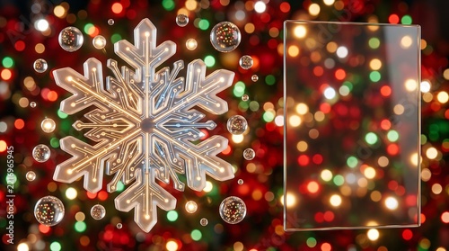 Shiny metallic snowflake and glass frame on a festive red background with colorful bokeh lights