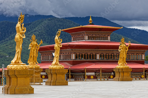 THIMPHU, BHUTAN, October 2, 2025 : Golden statues and temple around the Great Buddha Dordenma
