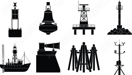 Fotografie Marine Navigation Icon Collection with Lighthouse Buoy Ship and Radar Symbols fo