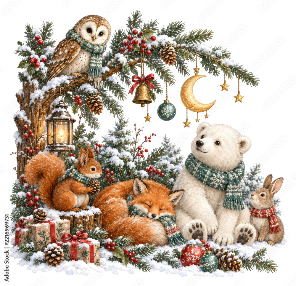 Fototapeta premium PNG winter woodland animals, festive decorations, transparent background