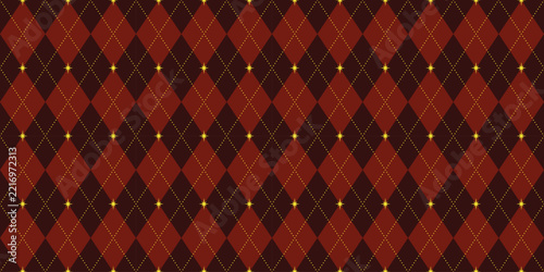 Dark red festive argyle plaid with gold stars, elegant seamless pattern vector background illustration