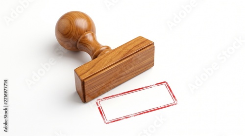 Wooden rubber stamp with blank red rectangle imprint isolated on white background