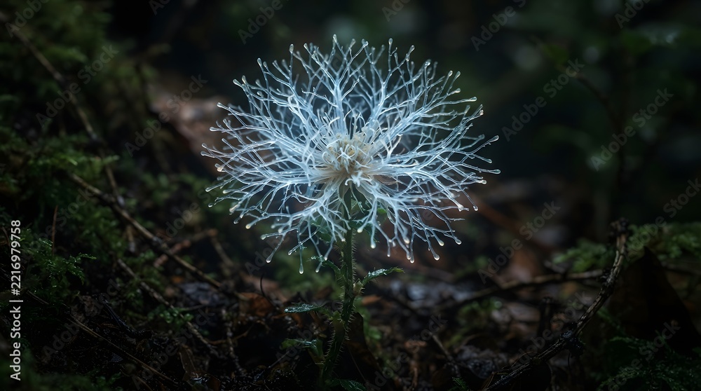 Fototapeta premium Glowing white bioluminescent flower with delicate branching structure in dark forest undergrowth