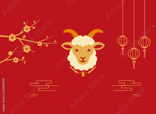 Chinese new year card, Chinese New Year, year of the goat. Chinese goat on a red background, with copy space 2027