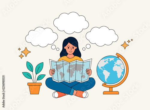 Vacation planning concept, person looking for their next travel destination, Woman looking at a map to plan her next trip.