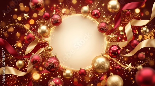 Christmas ornaments and gold ribbons frame with a glowing center for holiday greeting card design