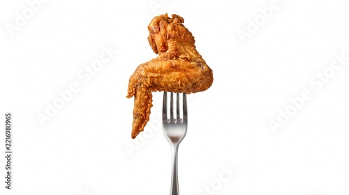 Crispy golden fried chicken wing pierced by a shiny silver metal dining fork on white background