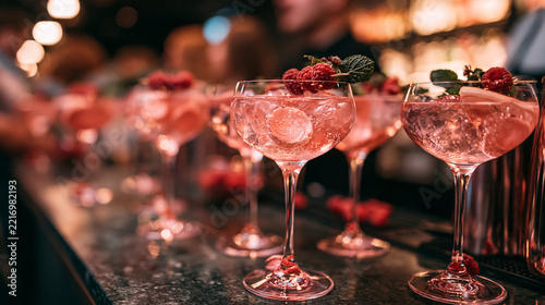 Row of refreshing pink raspberry cocktails in elegant glasses on a dimly lit bar counter. Perfect for social gathering and luxury nightlife hospitality lifestyle concepts.