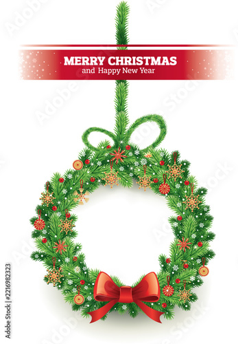Merry Christmas greeting card. Vector illustration Christmas wreath with decorations