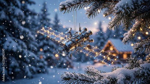 Christmas satellite ornament hanging on a pine tree branch with holiday lights in the snow