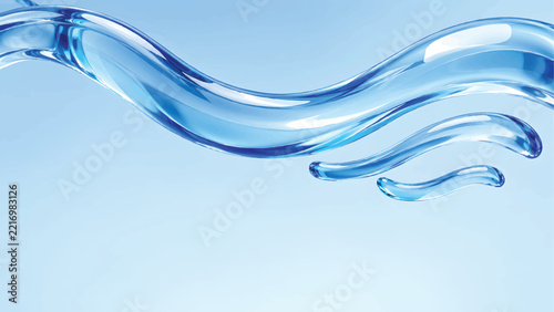 Transparent Blue Glass Wave with Layered Trailing Ribbons Flowing Across a Soft Cyan Minimal Background