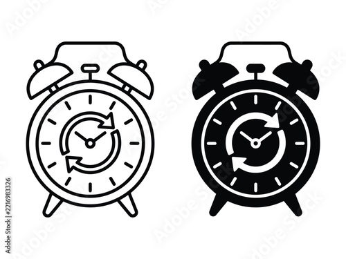 Black and white illustration of alarm clock with circular arrow