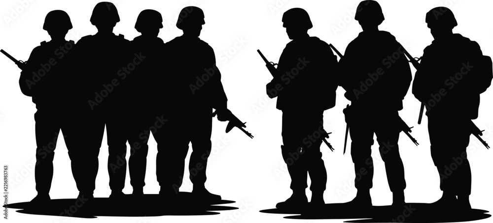 Fototapeta premium A group of seven soldiers standing in formation, depicted as black silhouettes with helmets and rifles, isolated on a white background, for military themes