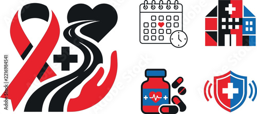 Set of medical and healthcare icons with a ribbon, calendar, hospital building, pills, and protective shield