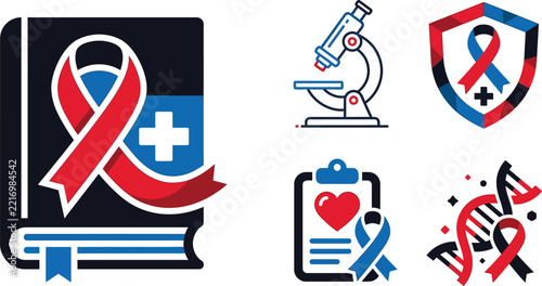 Medical vector icons set featuring a health book microscope clipboard shield and DNA strand
