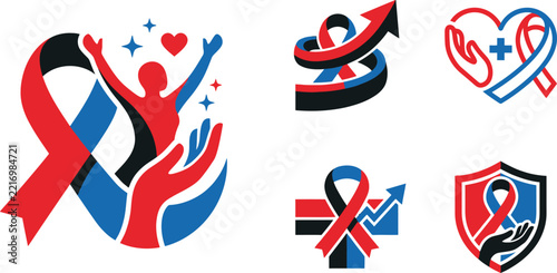 Set of Red and Blue Awareness Ribbons Icons Featuring Hands Shield and Medical Symbols