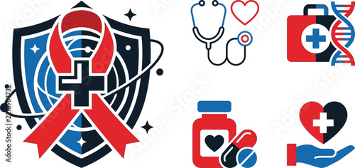 Set of medical healthcare icons featuring shields, red ribbons, stethoscopes, and DNA strands
