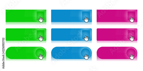 Set of dynamic CTA buttons with a computer mouse cursor hovering over the buttons, illustrating click interaction, online actions, website navigation and user engagement.