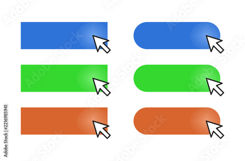 Set of dynamic CTA buttons with a computer mouse cursor hovering over the buttons, illustrating click interaction, online actions, website navigation and user engagement.