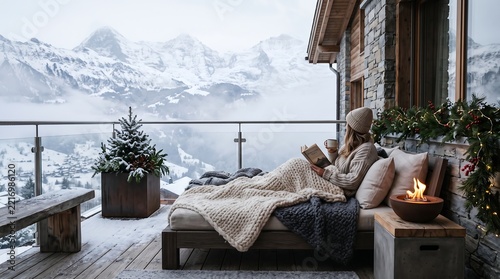 Woman relaxing on a balcony with a blanket and book overlooking snowy mountains in winter