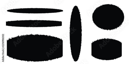 Collection of Black Rough Edged Oval and Circle Shapes Silhouettes Fuzzy Hairy Geometric Design Elements Isolated on White Background Vector Illustration