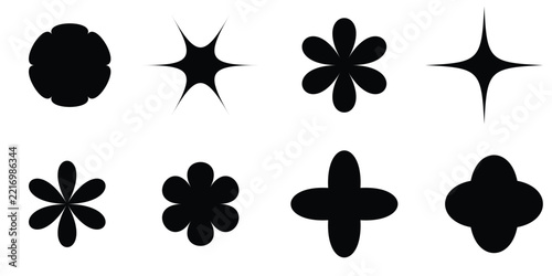 Collection of Black Y2K Retro Starburst Floral and Geometric Shapes Minimalist Sparkle and Flower Silhouette Elements Isolated Vector Illustration